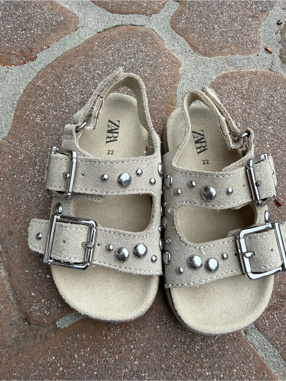 ZARA Kids Tan Suede Studded Double-Buckle Sandals